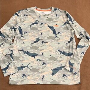 AFTCO Blue and Gray Shark Camo Long Sleeve Fishing Tee